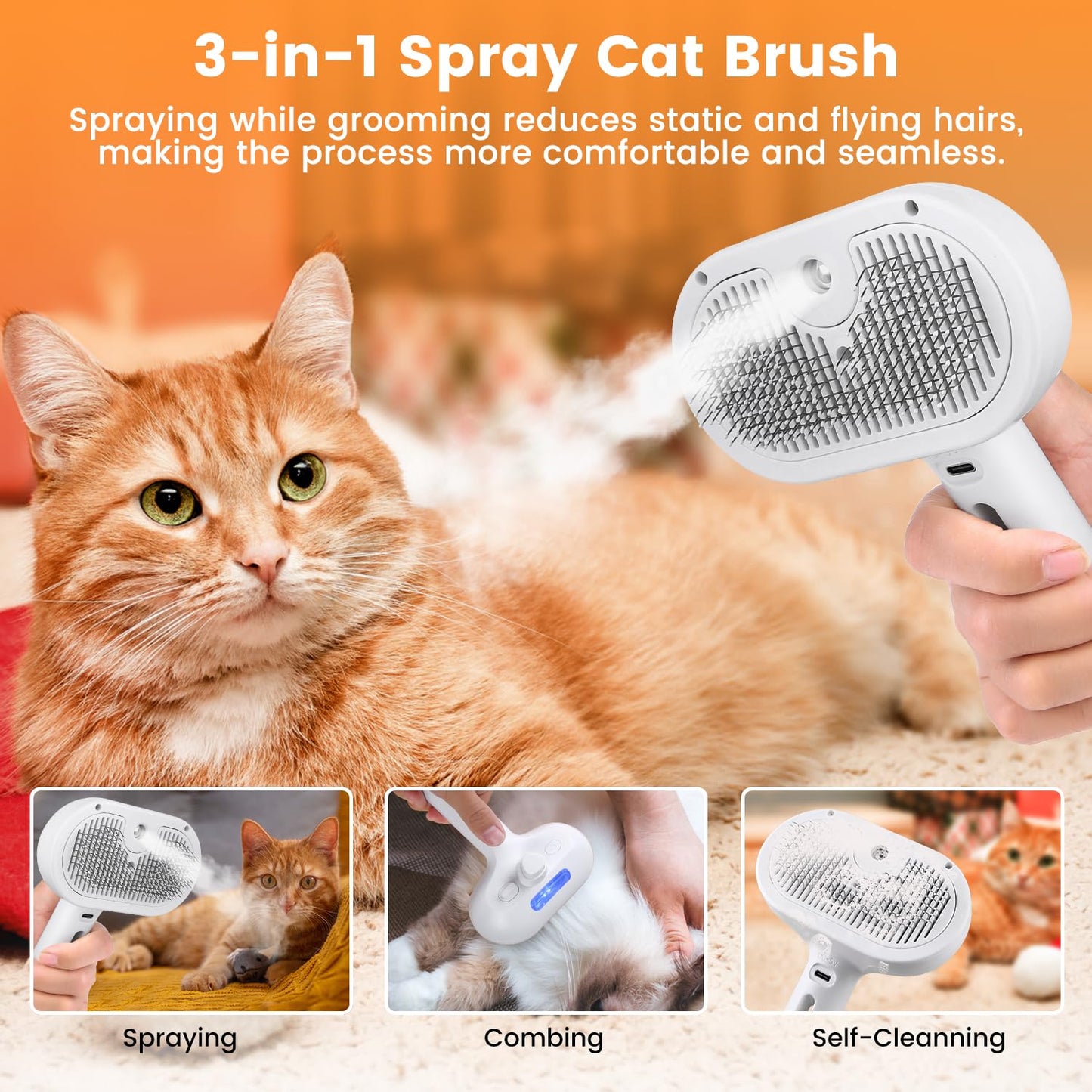 Self Cleaning Pet Steam Brush for Indoor Cats & Dogs Shedding & Grooming | Pet Spray Hair Removal Comb for Short & Long Haired Animals, Skin-Friendly & Rechargeable Cat Hair Brush with Release Button