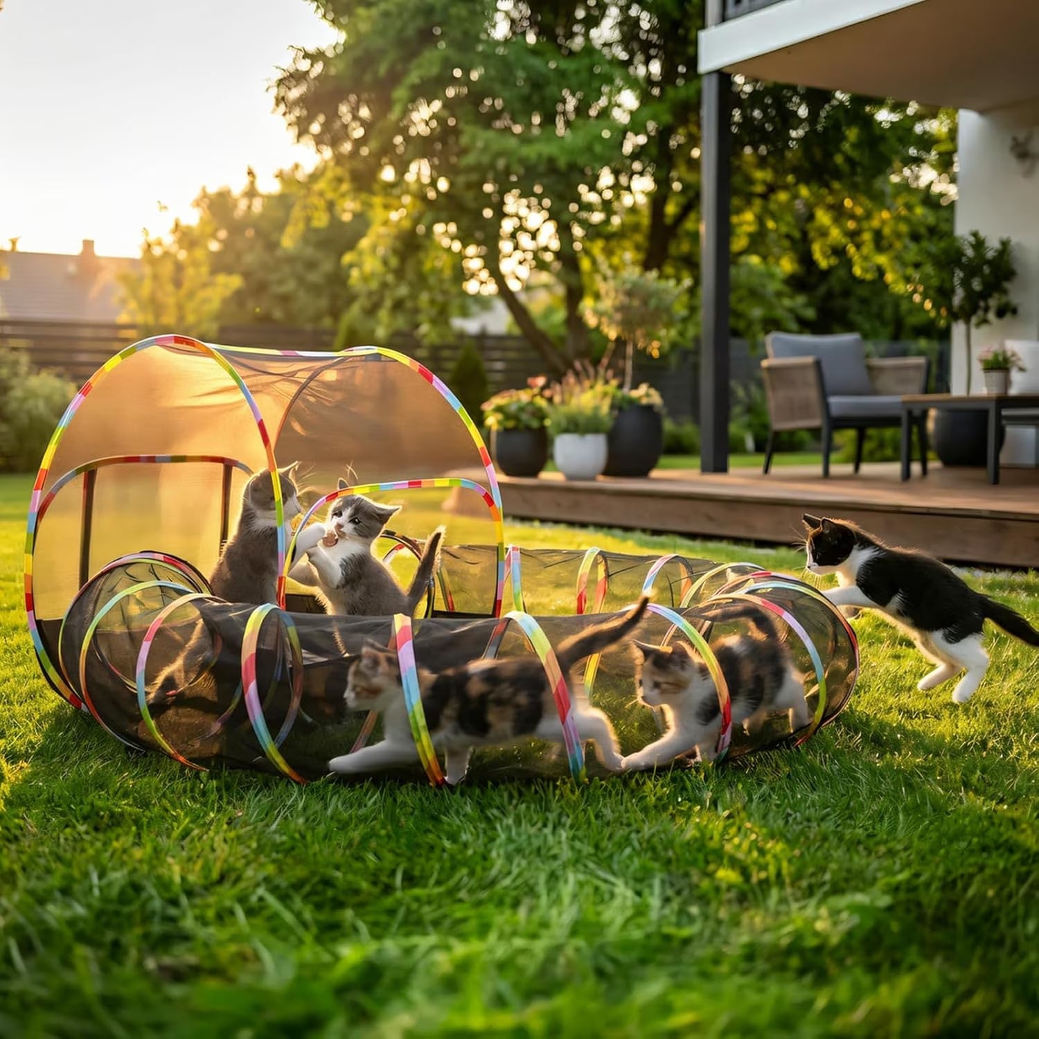 Portable 2-In-1 Outdoor Cat Enclosure with Tunnel, Extra Large Foldable Mesh Playpen for Pets
