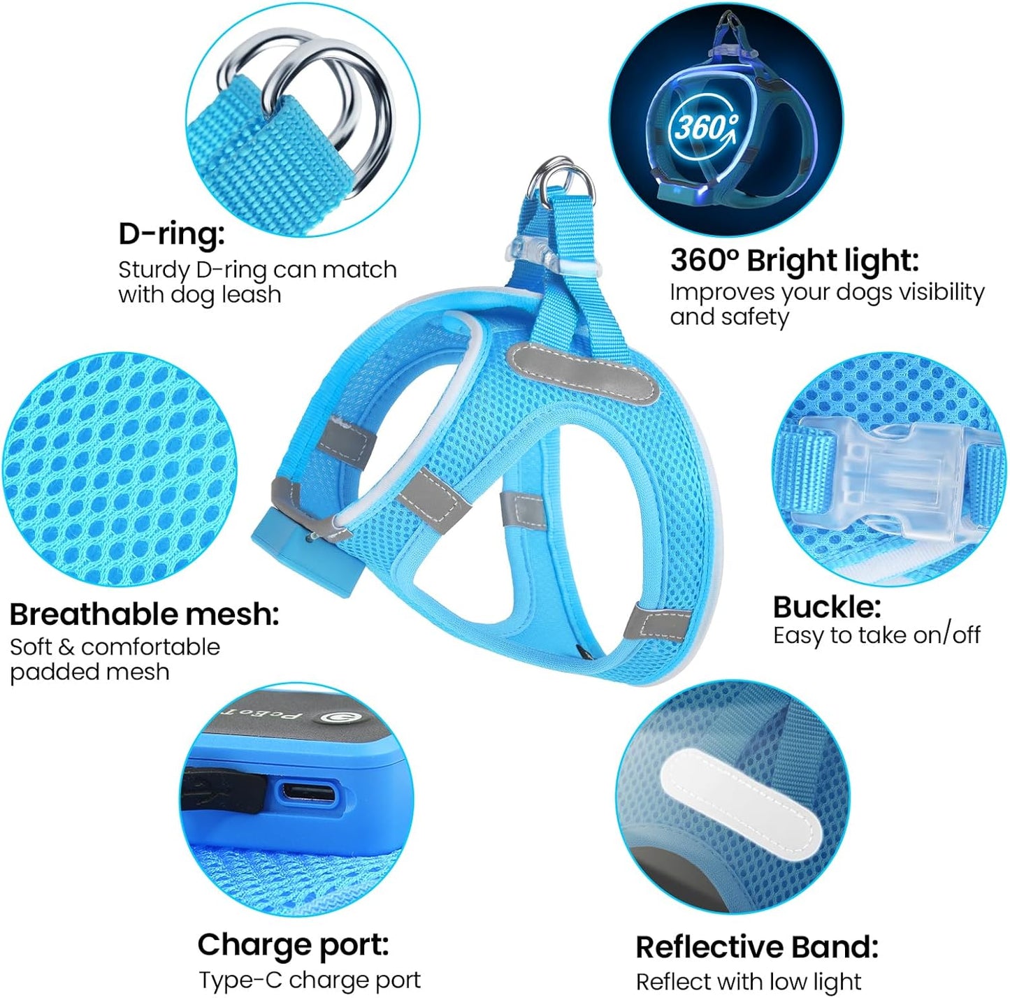 Light up Dog Harness, for Night Walking, Adjustable, Blue, M | USB Rechargeable, Soft and Comfortable Material, Adjustable, for Puppy, Small and Medium Dogs, 3 Light Modes