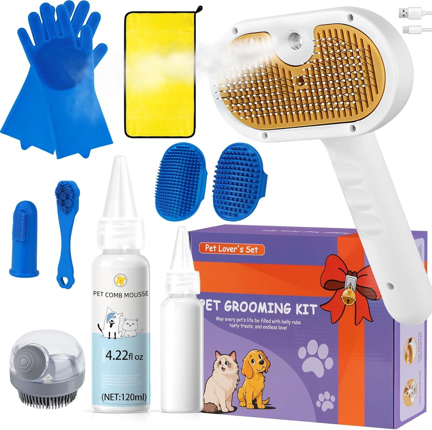 Pet Steam Brush for Dogs & Cats, 3-In-1 Shedding Grooming Tool | 3-In-1 Self Cleaning Spray Comb, Waterless Shampoo, Defur Tool, Bath Gloves, Bath Brush, Tooth & Ear Brush, Towel (11PCS)