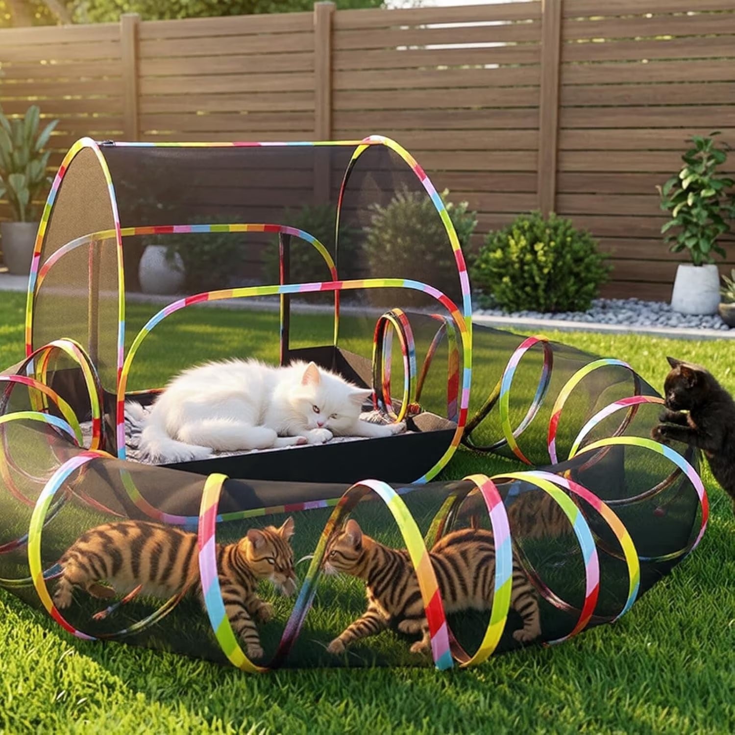 Portable 2-In-1 Outdoor Cat Enclosure with Tunnel, Extra Large Foldable Mesh Playpen for Pets