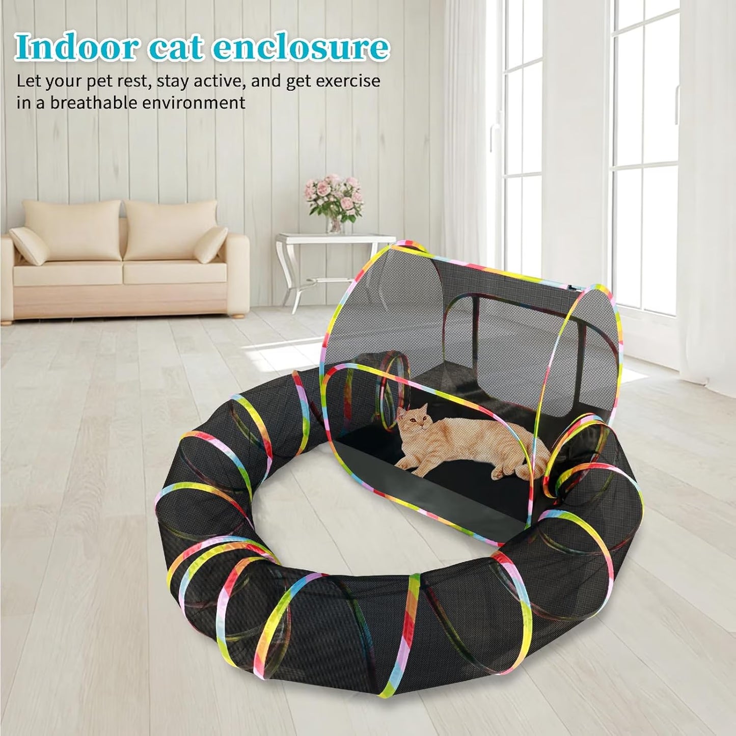 Portable 2-In-1 Outdoor Cat Enclosure with Tunnel, Extra Large Foldable Mesh Playpen for Pets