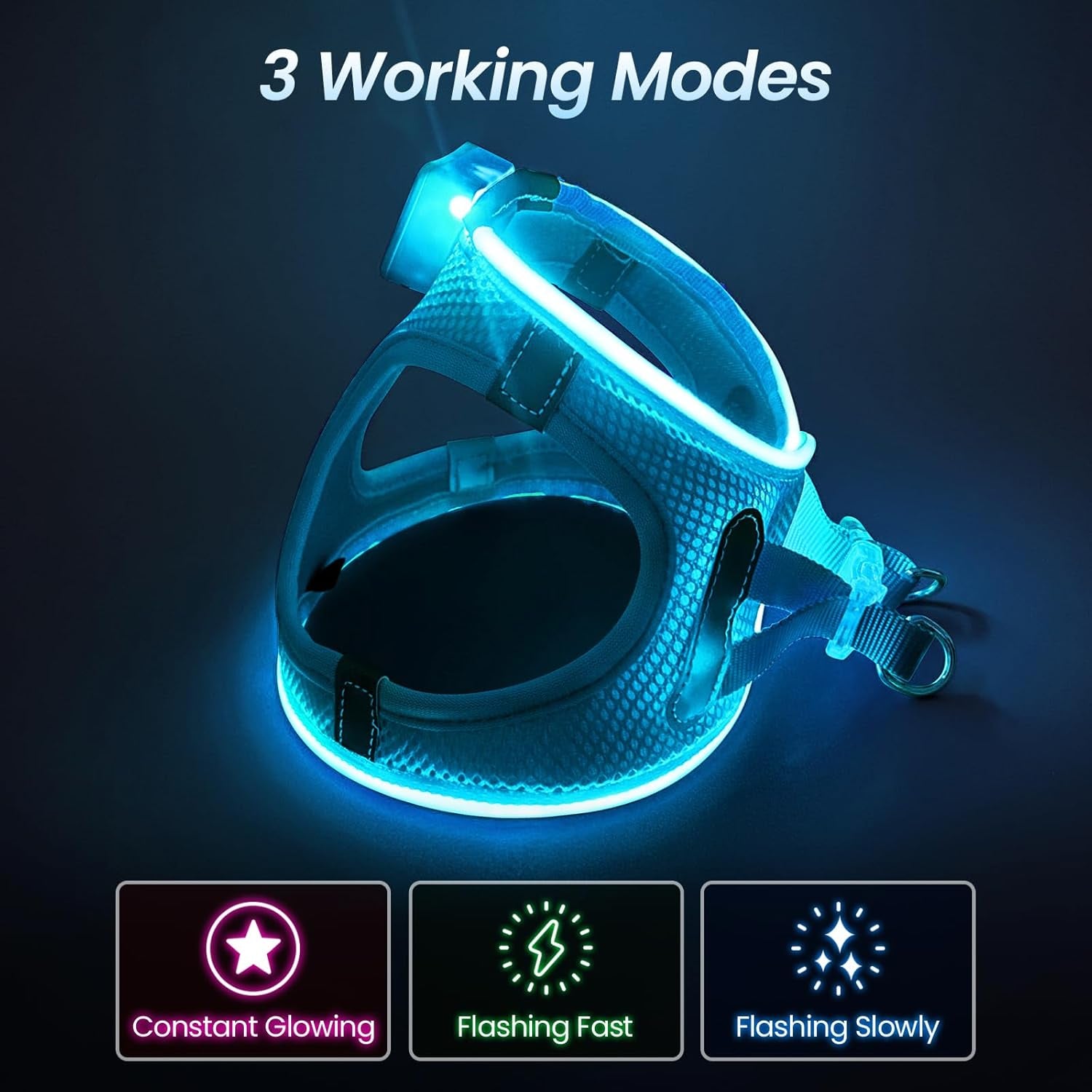 Light up Dog Harness, for Night Walking, Adjustable, Blue, M | USB Rechargeable, Soft and Comfortable Material, Adjustable, for Puppy, Small and Medium Dogs, 3 Light Modes