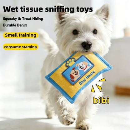 Durable Denim Tissue Box Dog Snuffle Toy with Squeaker Hide Treat