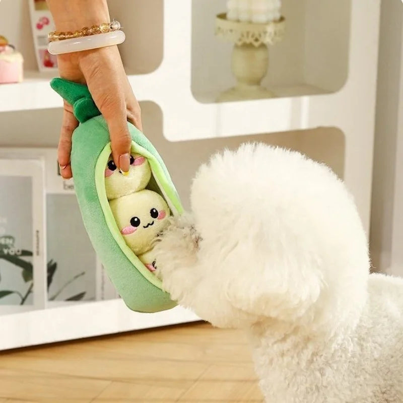 Soft Plush Pea Pod Pet Foraging Toy Squeaky Bite Resistant Teeth