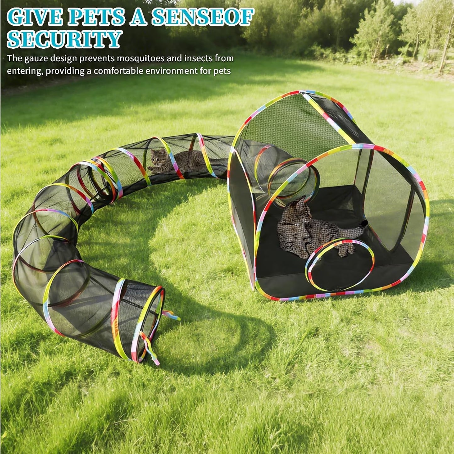 Portable 2-In-1 Outdoor Cat Enclosure with Tunnel, Extra Large Foldable Mesh Playpen for Pets