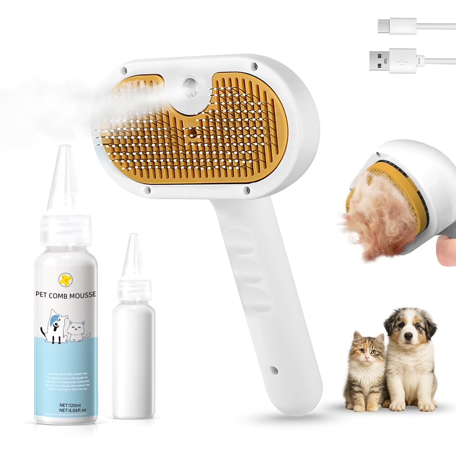 Pet Steam Brush for Dog & Cat – 3-In-1 Spray Hair Removal Comb – Steam for Shedding & Grooming – Water Brush for Long & Short Haired Pets – Spritz Defur Comb – Includes Waterless Shampoo